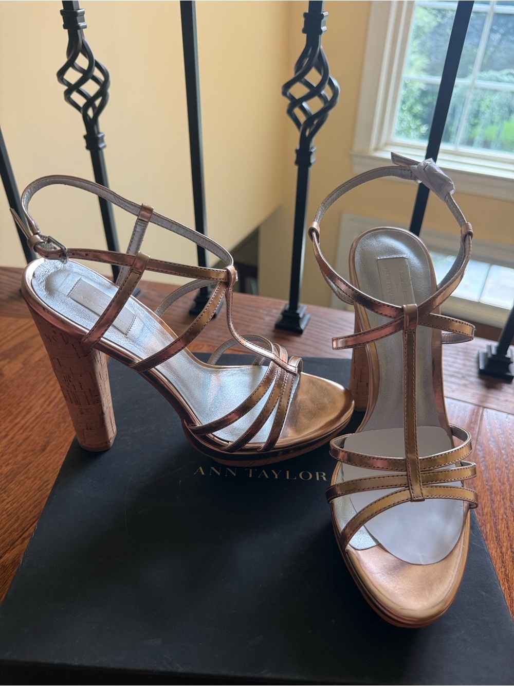 Ann Taylor Rose Gold Strappy T‑Bar Heeled Sandals